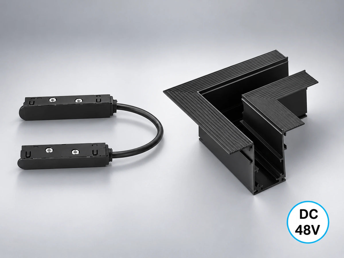 מחבר זוויתי L שקוע תקרה שחור לפס מגנטי LINE של OMEGA ומחבר הזנה גמיש
