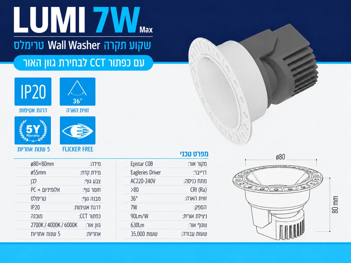 שקוע תקרה עגול טרימלס מסדרת LUMI של OMEGA בצבע לבן לצד שרטוט מידות
