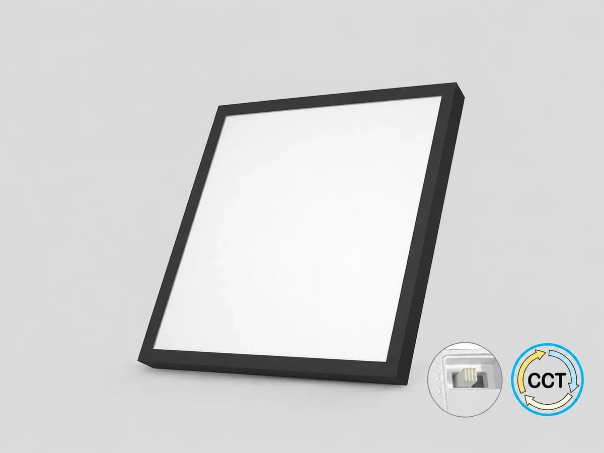 פאנל LED מרובע שחור של OMEGA עם מסגרת דקה ופיזור אור אחיד