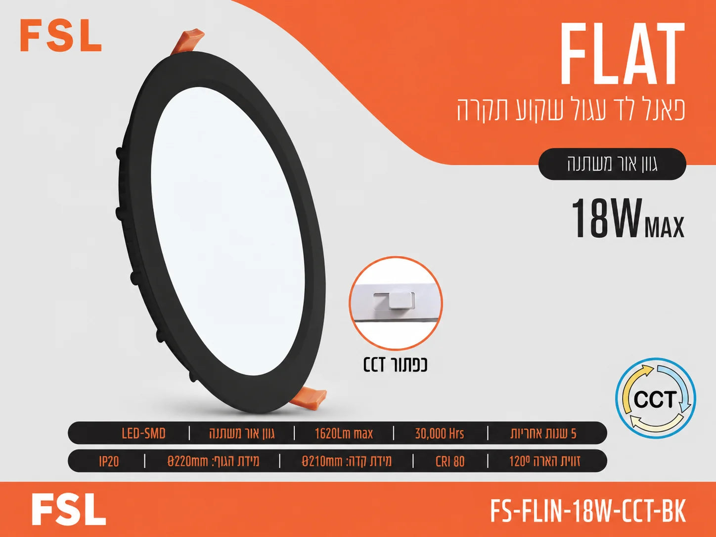 כרטיס מוצר לפאנל שקוע FLAT 18W שחור של FSL עם תמונת הגוף ונתוני התאורה