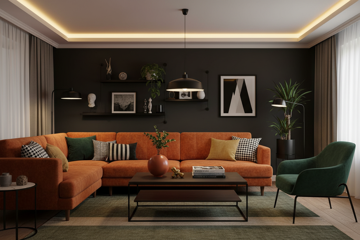 סלון מודרני עם ספה פינתית בגוון טרקוטה, כורסה ירוקה, תאורת תקרה היקפית חמה, מנורת תלייה שחורה ושתי מנורות עומדות לצד הקירות