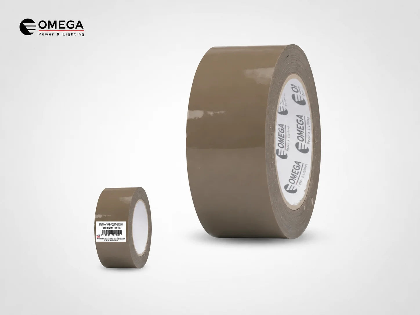 סרט הדבקה חום של OMEGA לצד גליל מוקטן על רקע לבן