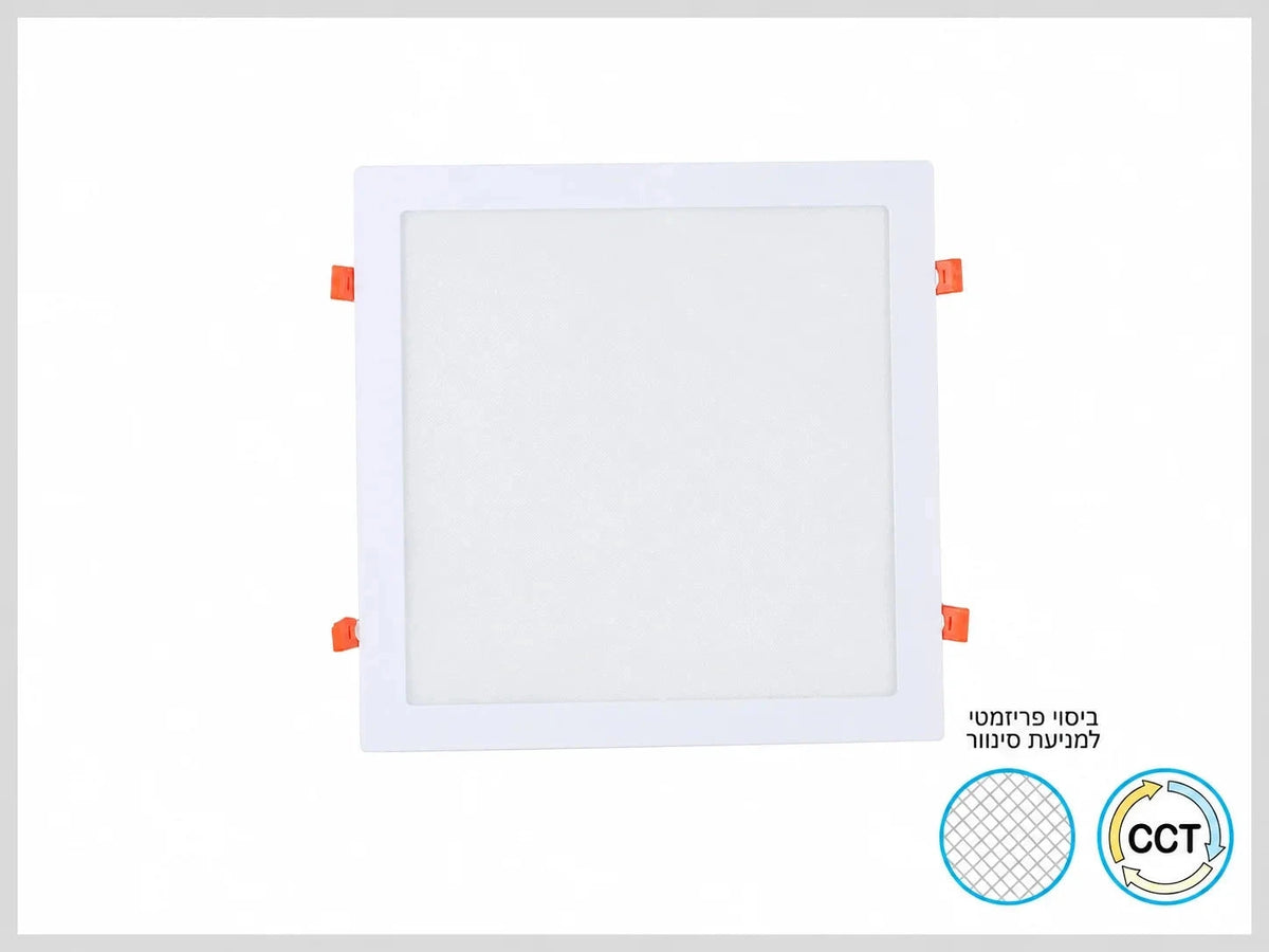 פאנל LED שקוע מרובע לבן של OMEGA עם תפסני התקנה כתומים וסמלי מאפייני המוצר