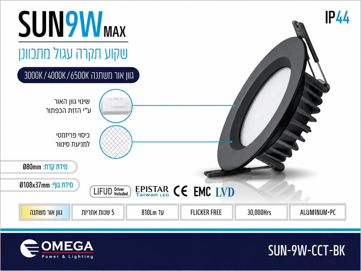 אריזת גוף תאורה שקוע OMEGA SUN 90W עם תמונת המוצר ונתונים טכניים