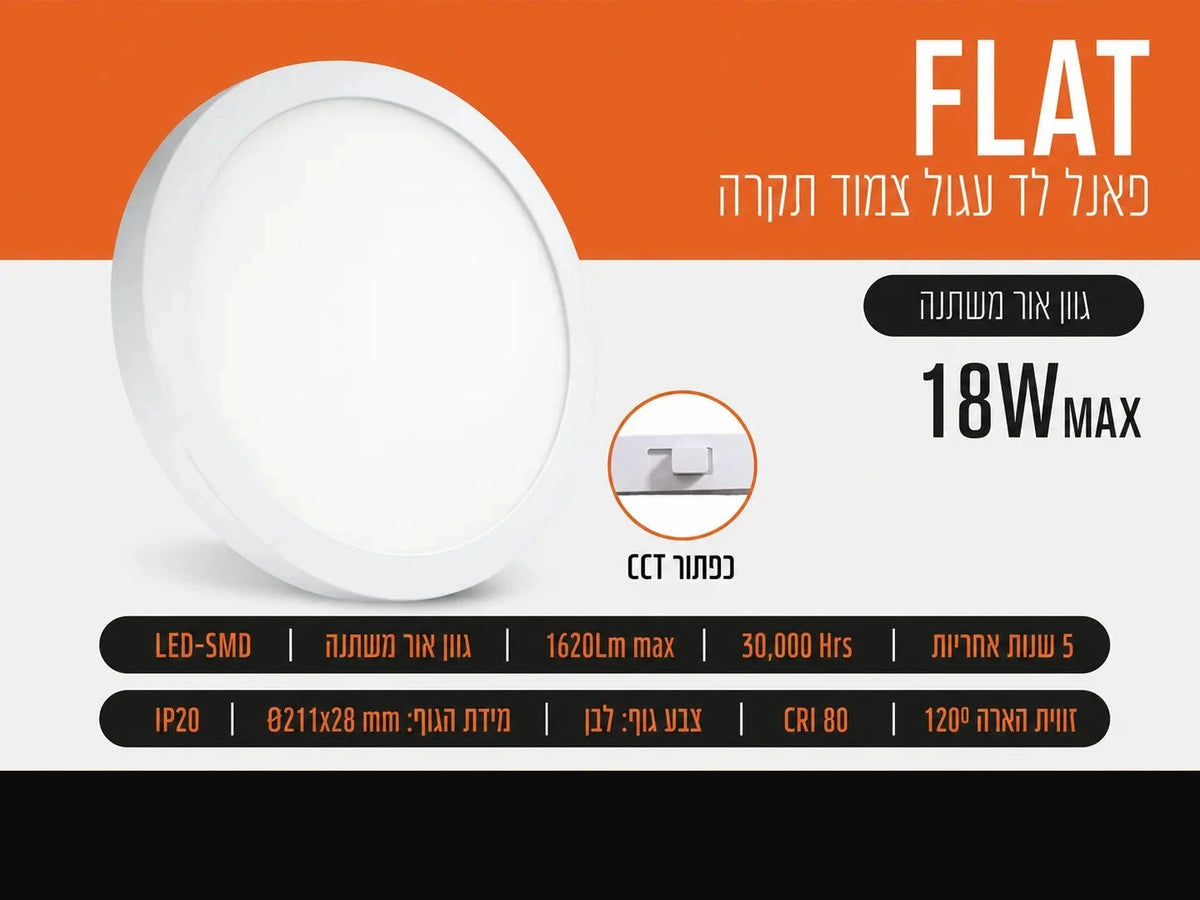כרטיס מוצר לפאנל LED צמוד תקרה עגול FLAT 18W של FSL עם תמונת הגוף ופרטי התאורה