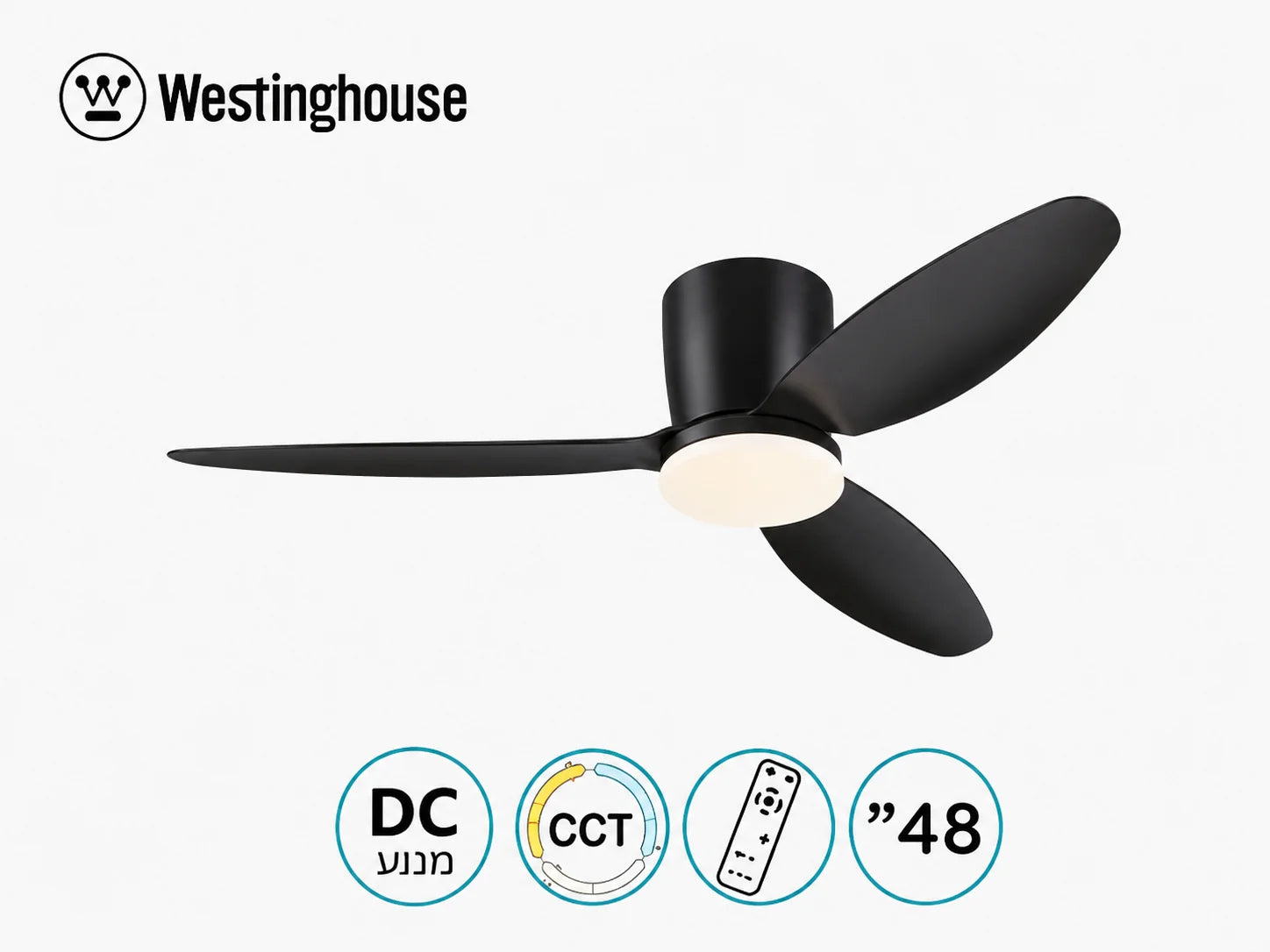 מאוורר תקרה Westinghouse שחור עם תאורה מובנית וסמלי מאפייני המוצר