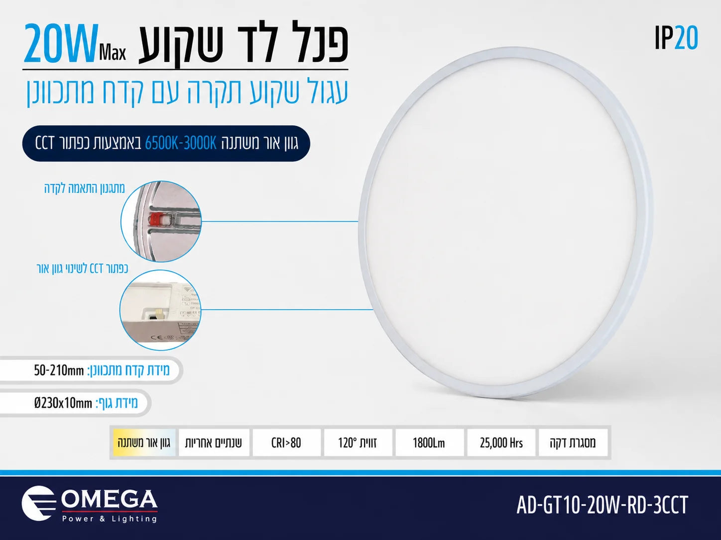 כרטיס מוצר לפאנל LED עגול 20W עם תמונת הגוף ונתונים טכניים