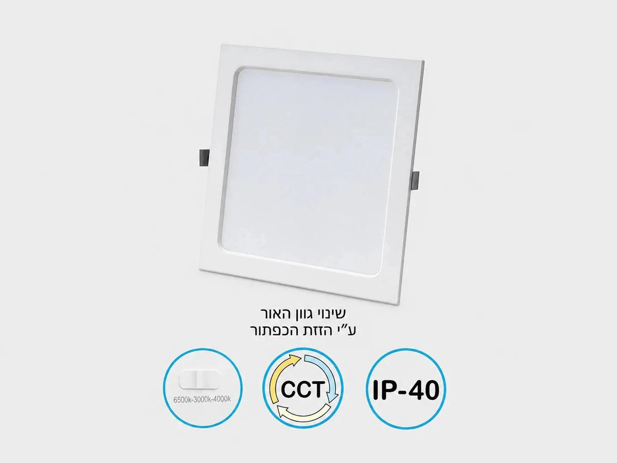 פאנל תאורה שקוע מרובע של OMEGA בגימור לבן עם סמלי CCT ומאפייני המוצר