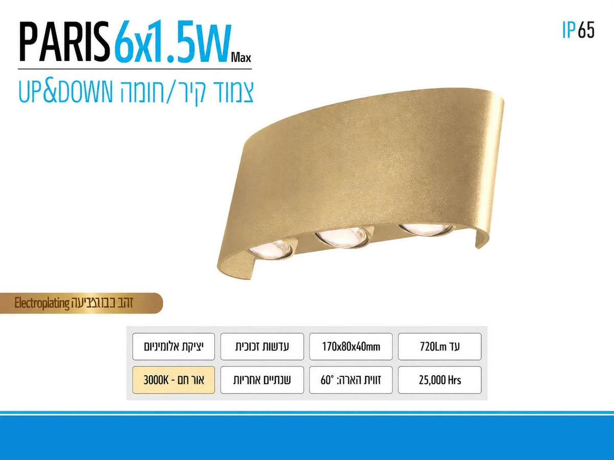 תרשים מוצר של גוף תאורה PARIS בהספק 6X1.5W בגימור זהב עם מידות ומאפיינים טכניים