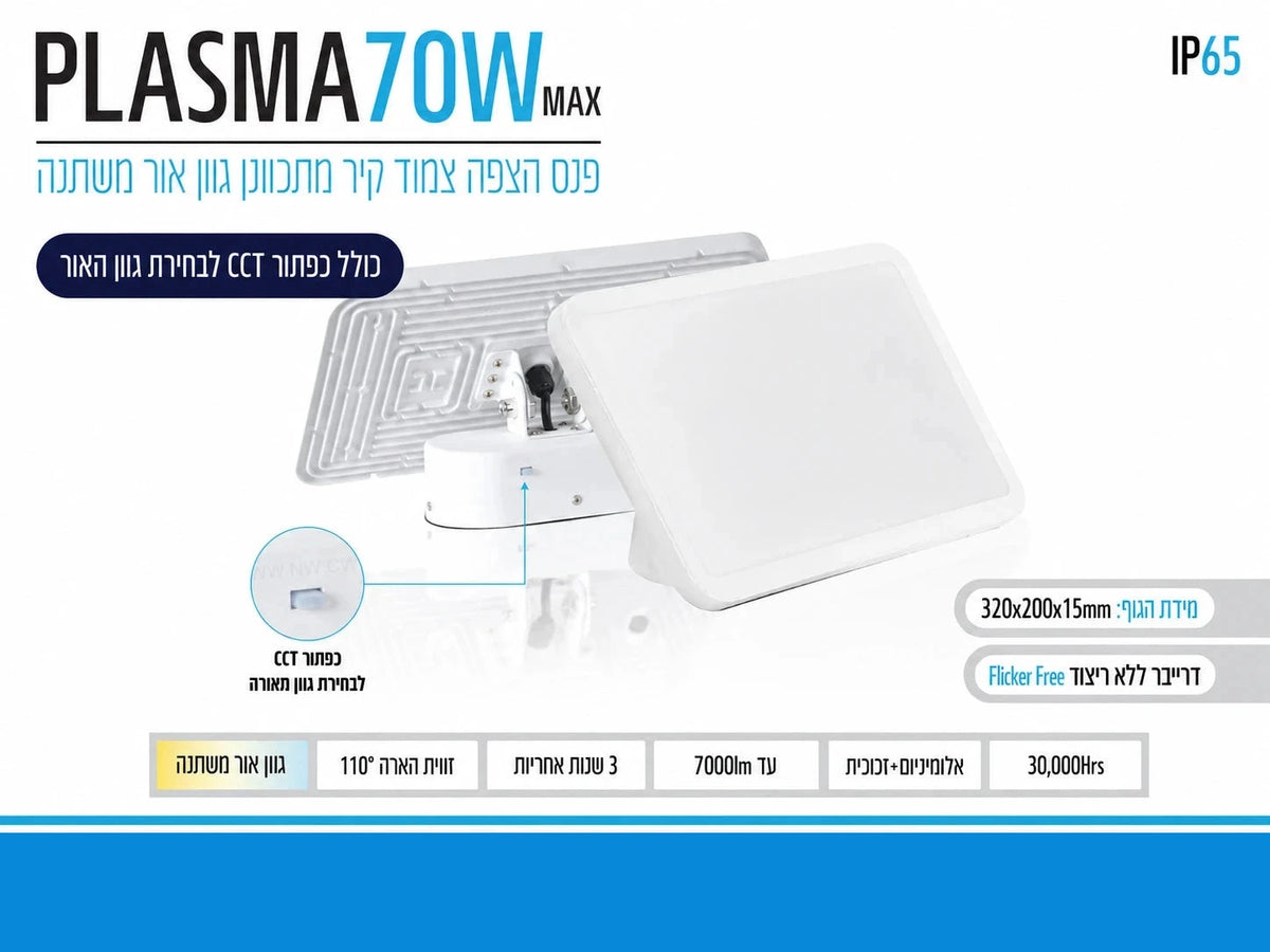 מפרט מוצר PLASMA 70W צמוד קיר בגוון אור משתנה IP65