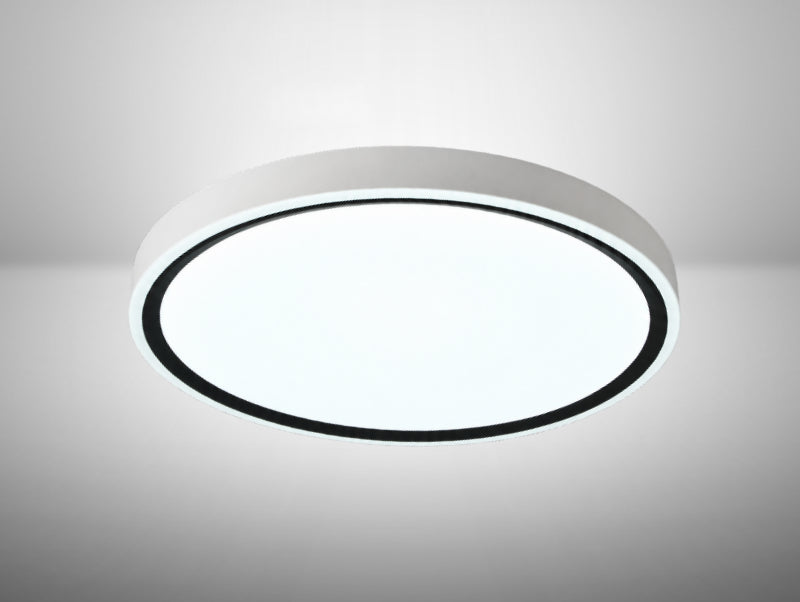 גוף תאורה צמוד תקרה עגול דגם RING CCT של OMEGA, בגימור לבן עם פס שחור דק מסביב.