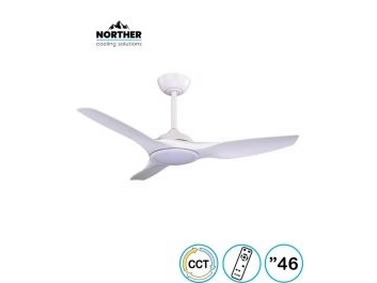 מאוורר תקרה לבן של OMEGA עם שלוש כנפיים וסמלי מאפייני המוצר