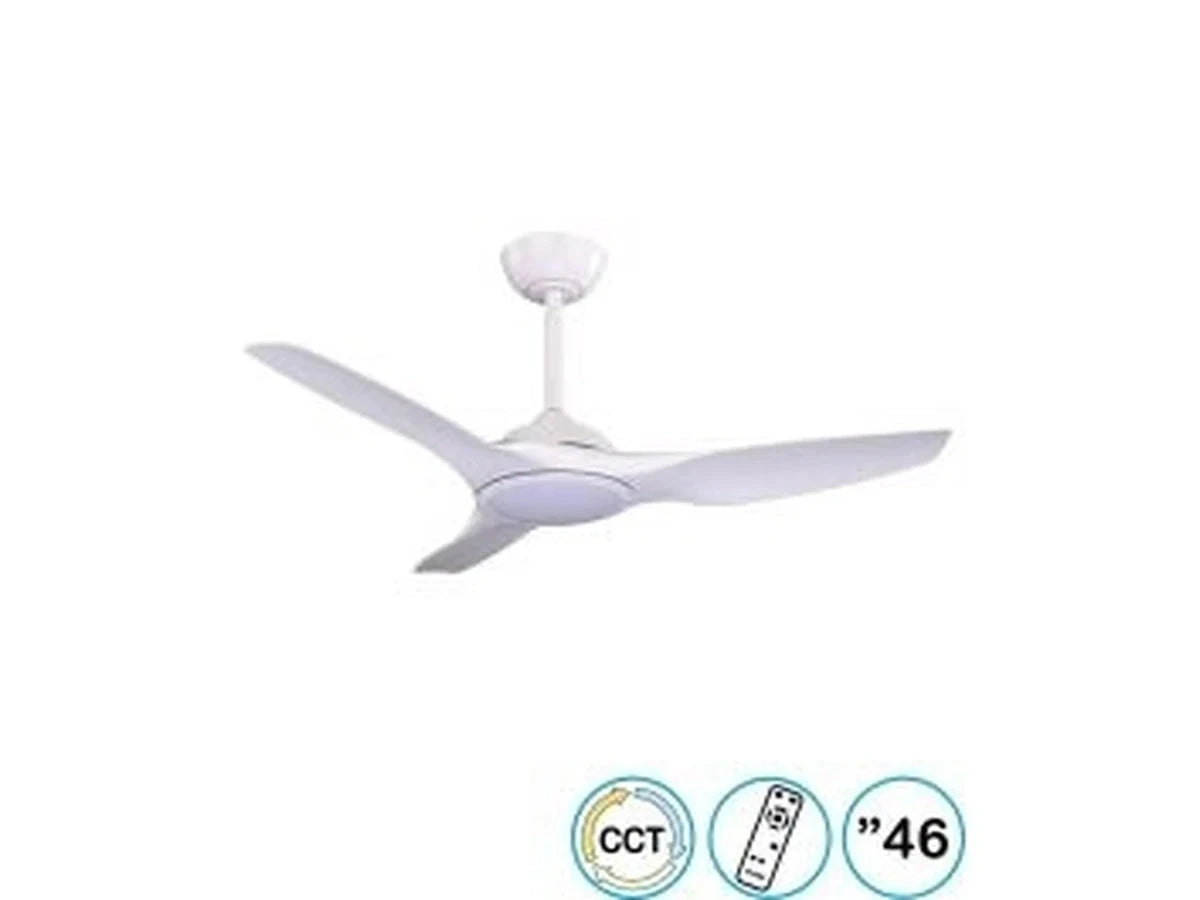 מאוורר תקרה לבן של OMEGA עם שלוש כנפיים וסמלי מאפייני המוצר