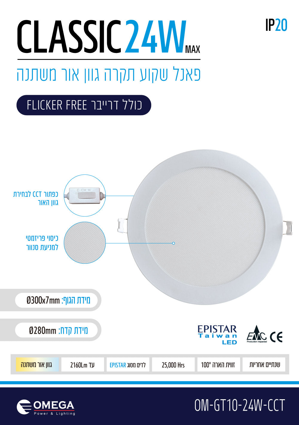 פנל לד שקוע CCT עגול 24W - תאורה באתר לדמרקט