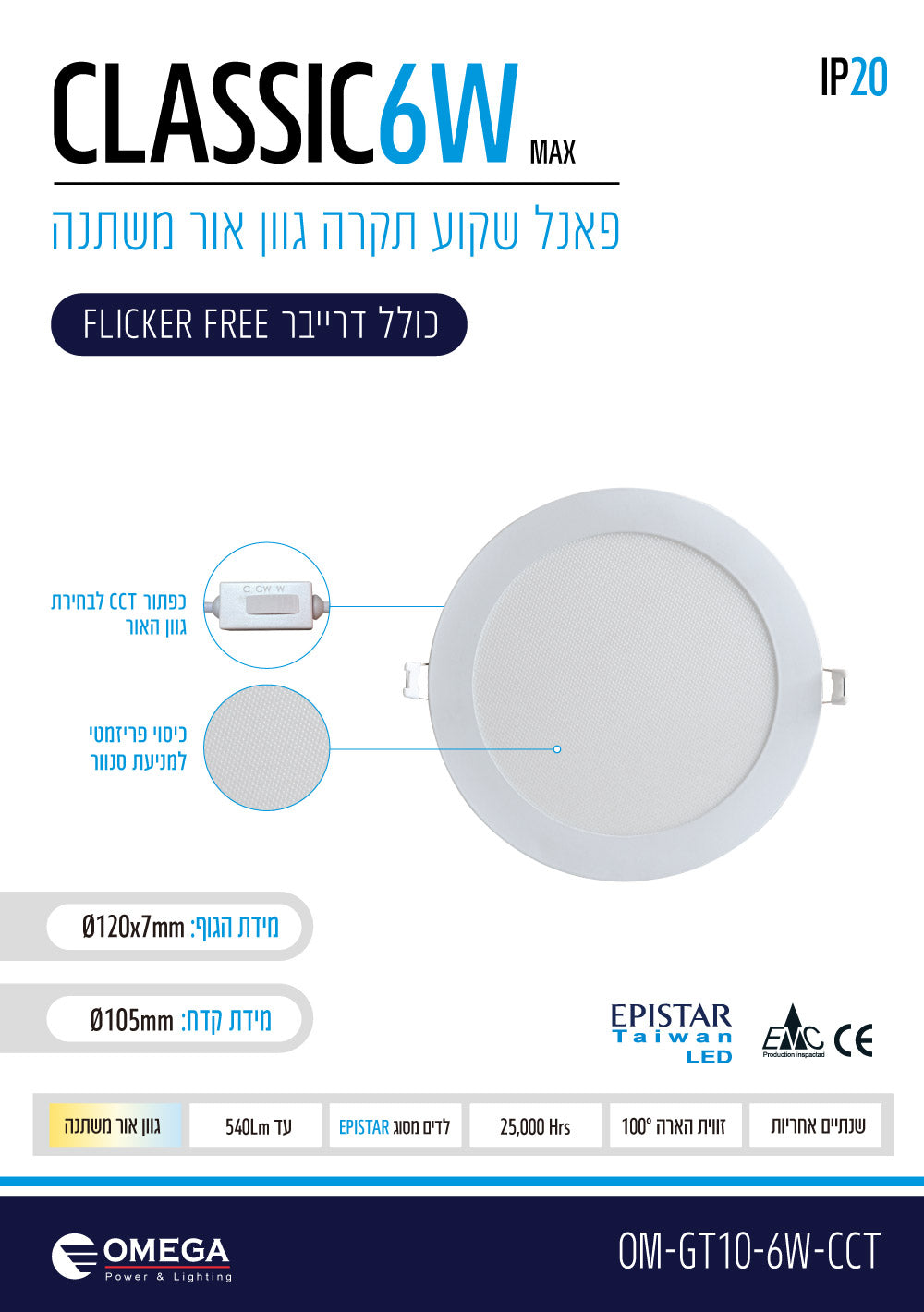 פנל לד שקוע CCT עגול 6W - תאורה באתר לדמרקט