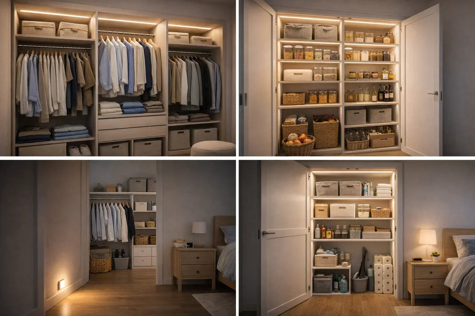 תאורה לחדר ארונות ומזווה: ראות בלי צללים ומה לשים איפה