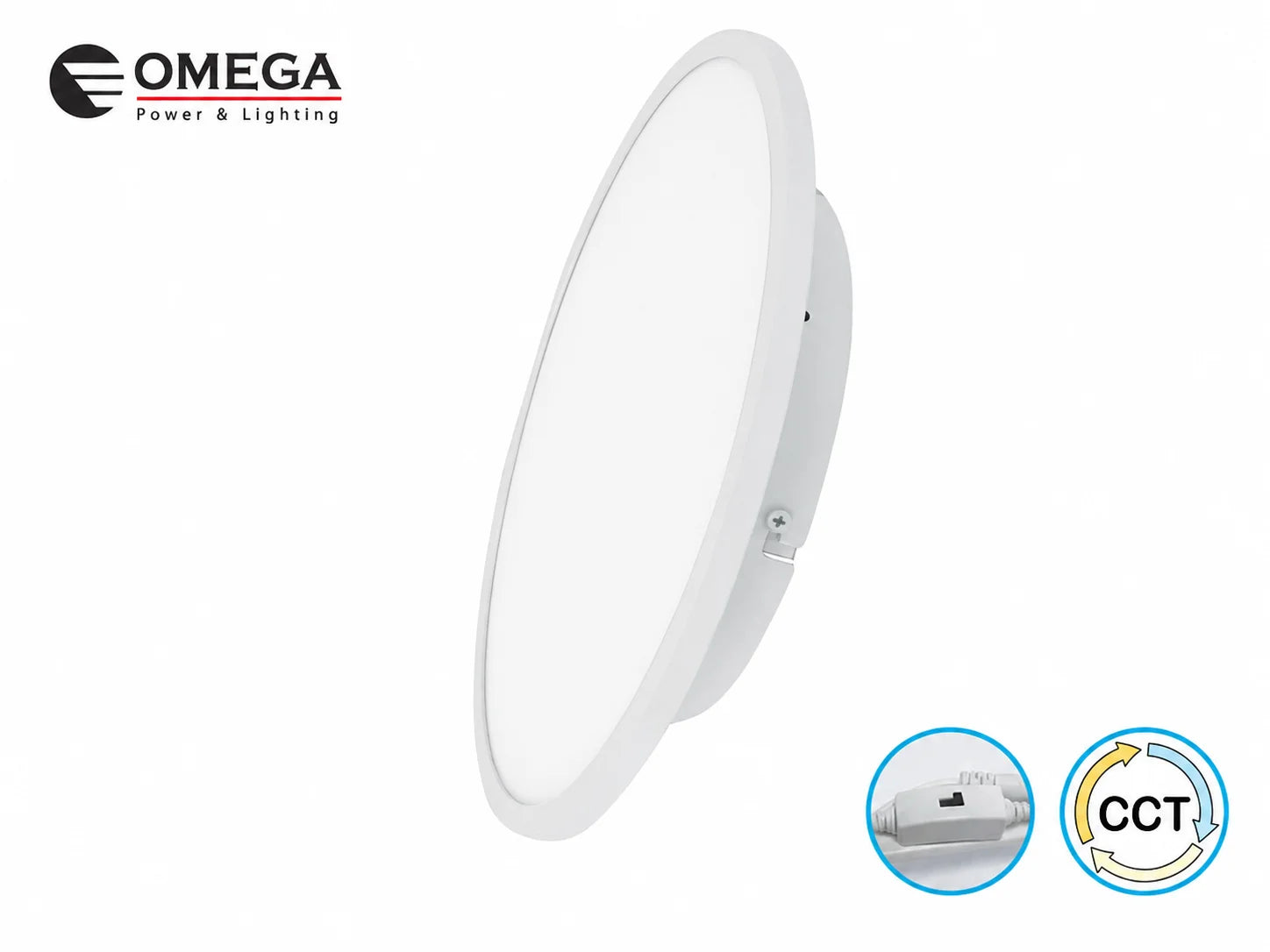 פאנל LED עגול לבן של OMEGA במבט צד עם אפשרות לבחירת גוון אור