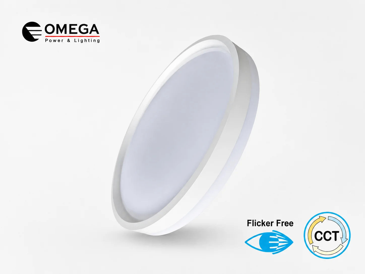 פאנל LED עגול לבן של OMEGA במבט צד עם סימוני מאפייני המוצר