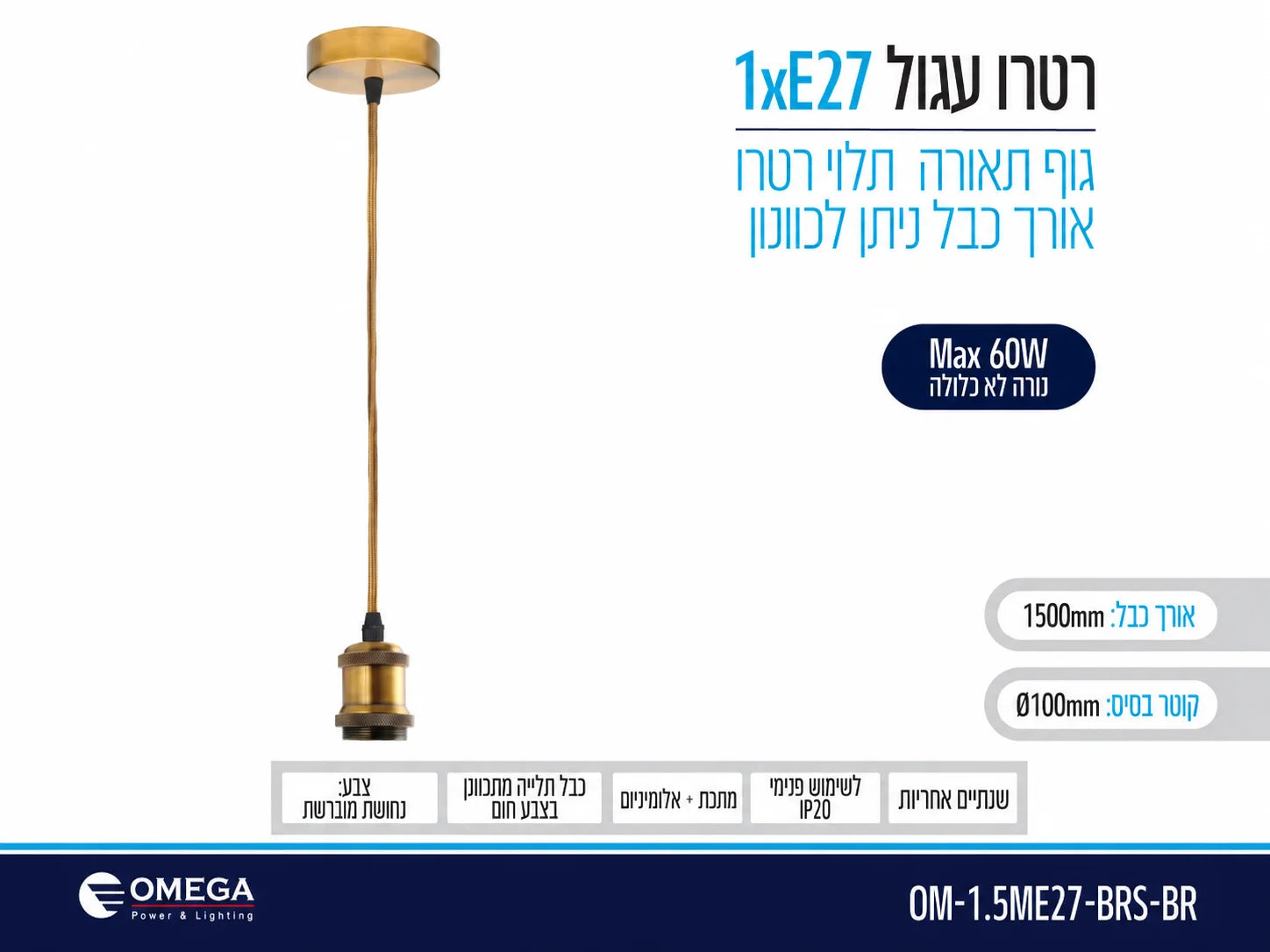 תרשים מוצר של בית נורה תלוי 1xE27 בגימור פליז עם מידות ומאפיינים טכניים