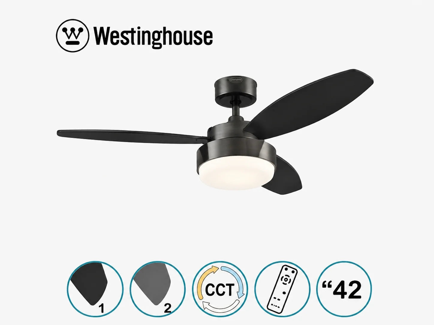 מאוורר תקרה Westinghouse שחור 42 אינץ׳ עם תאורה וסמלי מאפייני המוצר