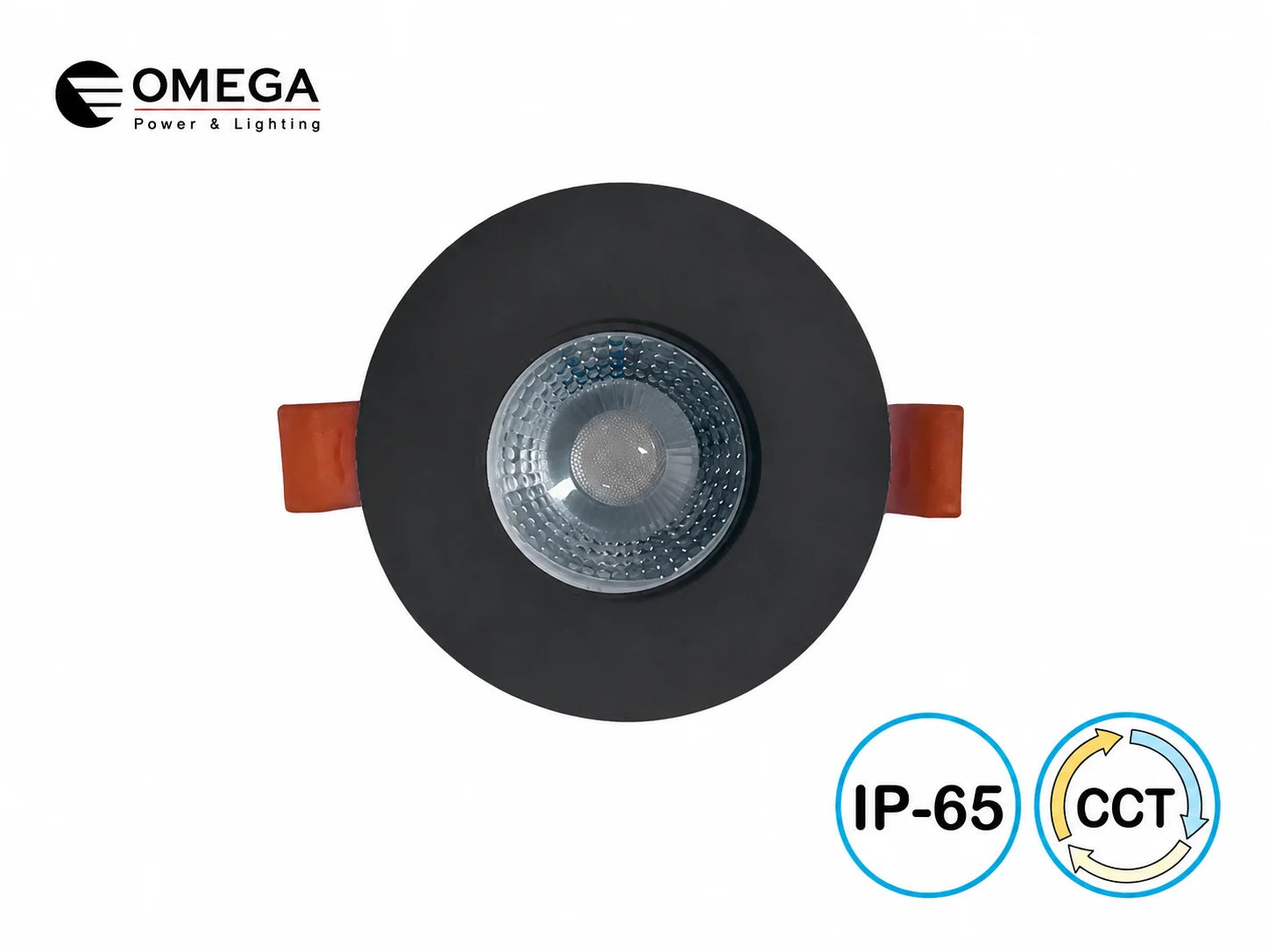 גוף תאורה שקוע שחור של OMEGA במבט חזיתי עם סימוני IP44 ו־CCT