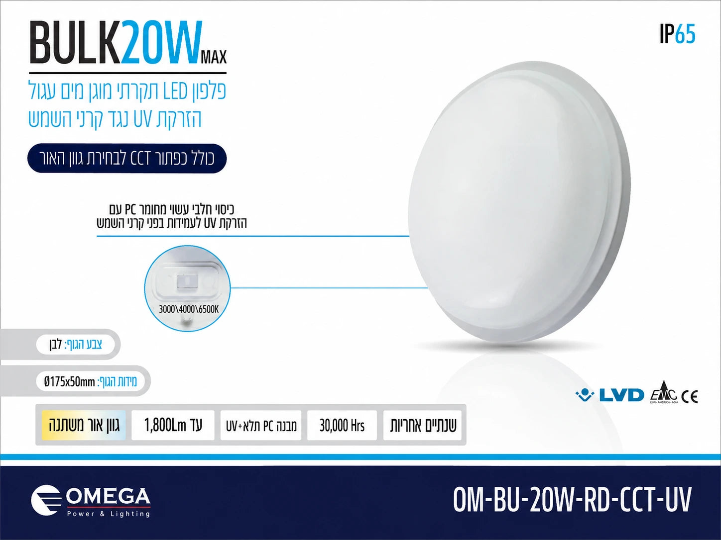 כרטיס מפרט לגוף תאורה BULK 20W עגול לבן עם מפזר אור חלבי לתאורת חוץ ופנים