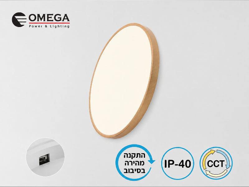 גוף תאורה עגול בגימור עץ בהיר לצד שלט קטן על רקע לבן