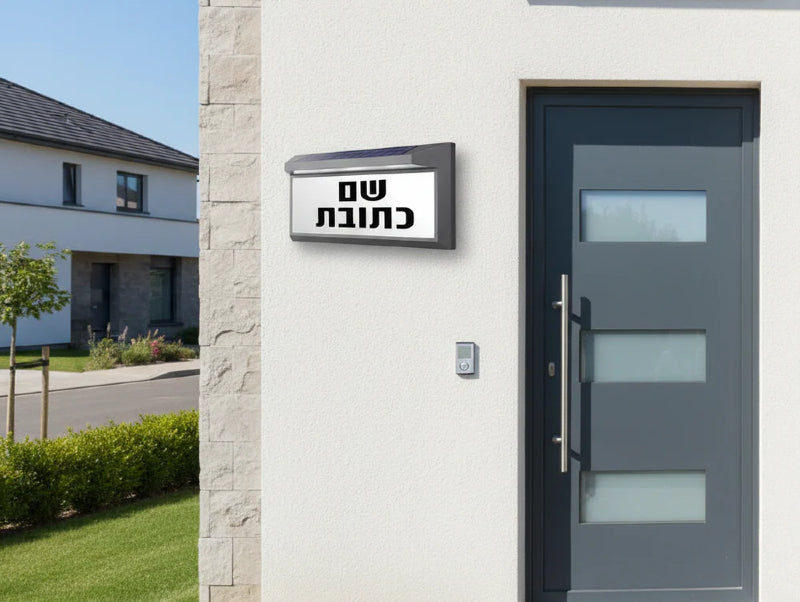 גוף תאורה סולארי להארת שם וכתובת מותקן על קיר חיצוני ליד דלת כניסה לבית.