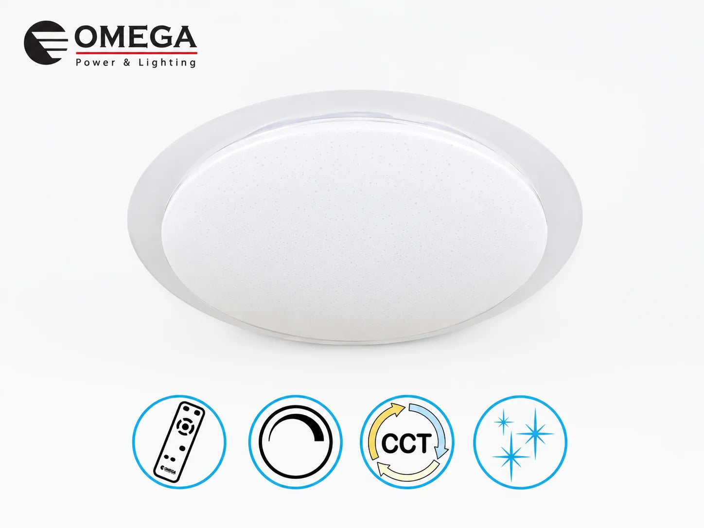 מנורת תקרה עגולה של OMEGA בגימור לבן עם סימוני תכונות המוצר