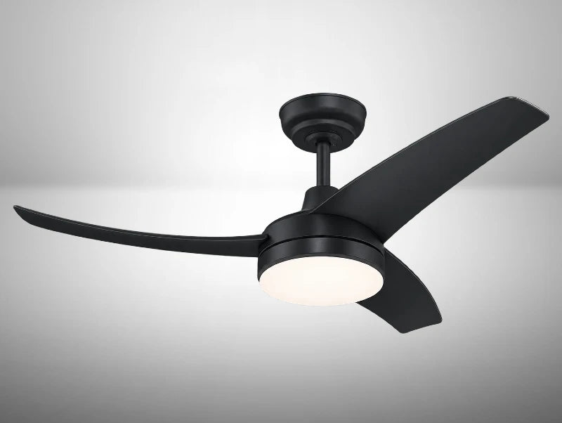 מאוורר תקרה שחור עם שלוש כנפיים ותאורת LED עגולה מובנית