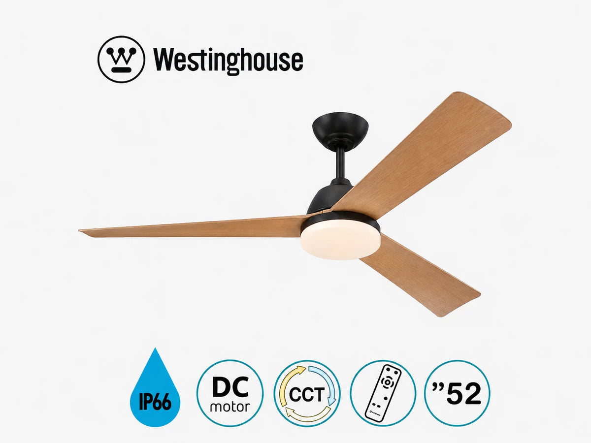 מאוורר תקרה Westinghouse עם כנפי עץ, גוף שחור וסמלי מאפייני המוצר