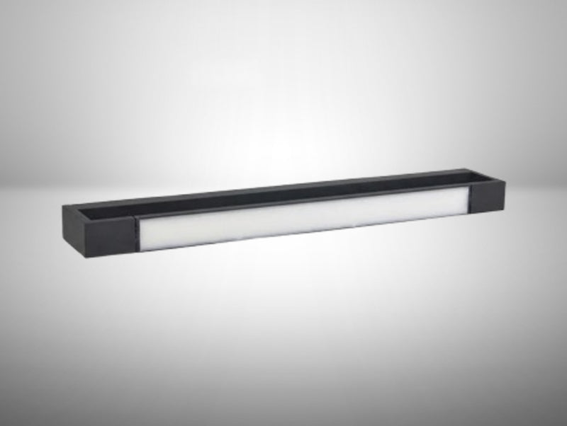 גוף תאורה צמוד קיר FRAME מבית OMEGA, מלבני וארוך, בגימור שחור עם פס תאורה לבן.