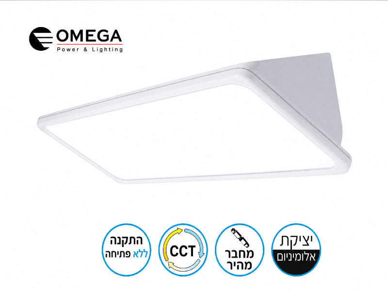 גוף תאורה TREO לבן בתצוגת מוצר עם סמלי תכונות על רקע לבן