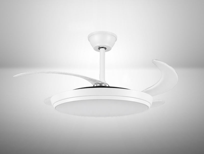 מאוורר תקרה לבן עם כנפיים מתקפלות וגוף תאורת LED עגול מובנה