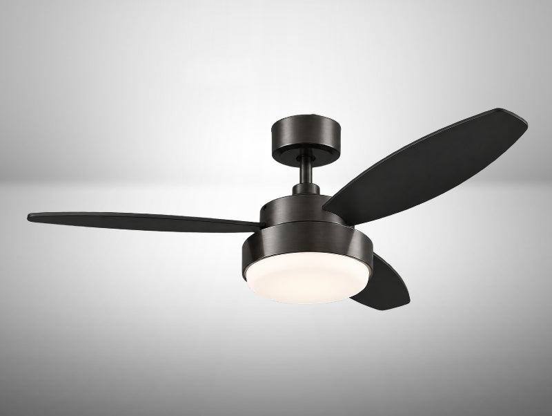 מאוורר תקרה שחור עם שלוש כנפיים ותאורת LED עגולה מובנית