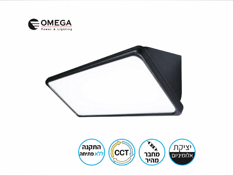 גוף תאורה TREO שחור בתצוגת מוצר עם סמלי תכונות על רקע לבן