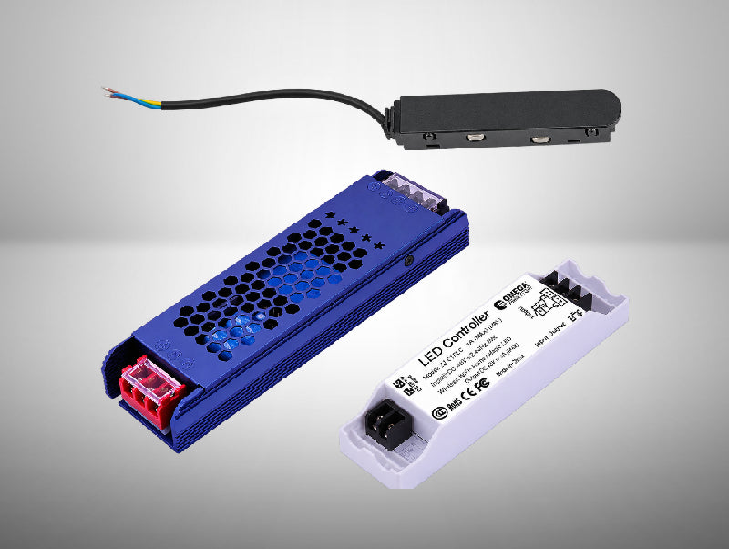 קיט OMEGA LINE WIFI 200W הכולל שנאי מתכת כחול, בקר לבן ומודול שחור לפס מגנטי