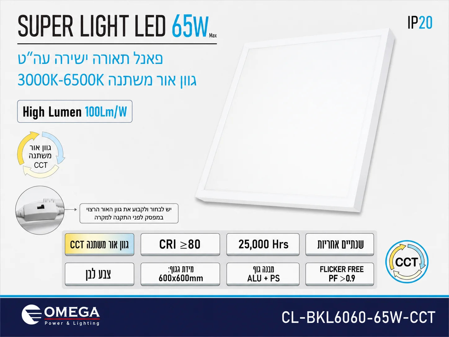 כרטיס מוצר לפאנל SUPER LIGHT LED לבן עם תמונת הגוף ופרטים טכניים