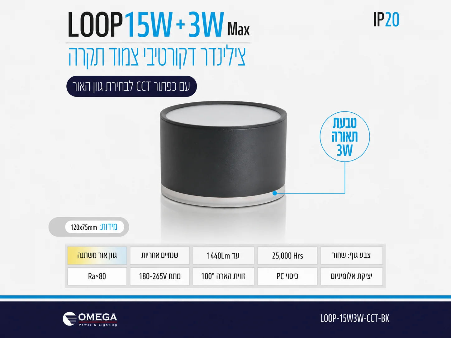 תרשים מוצר גוף תאורה צמוד תקרה שחור בעיצוב גלילי