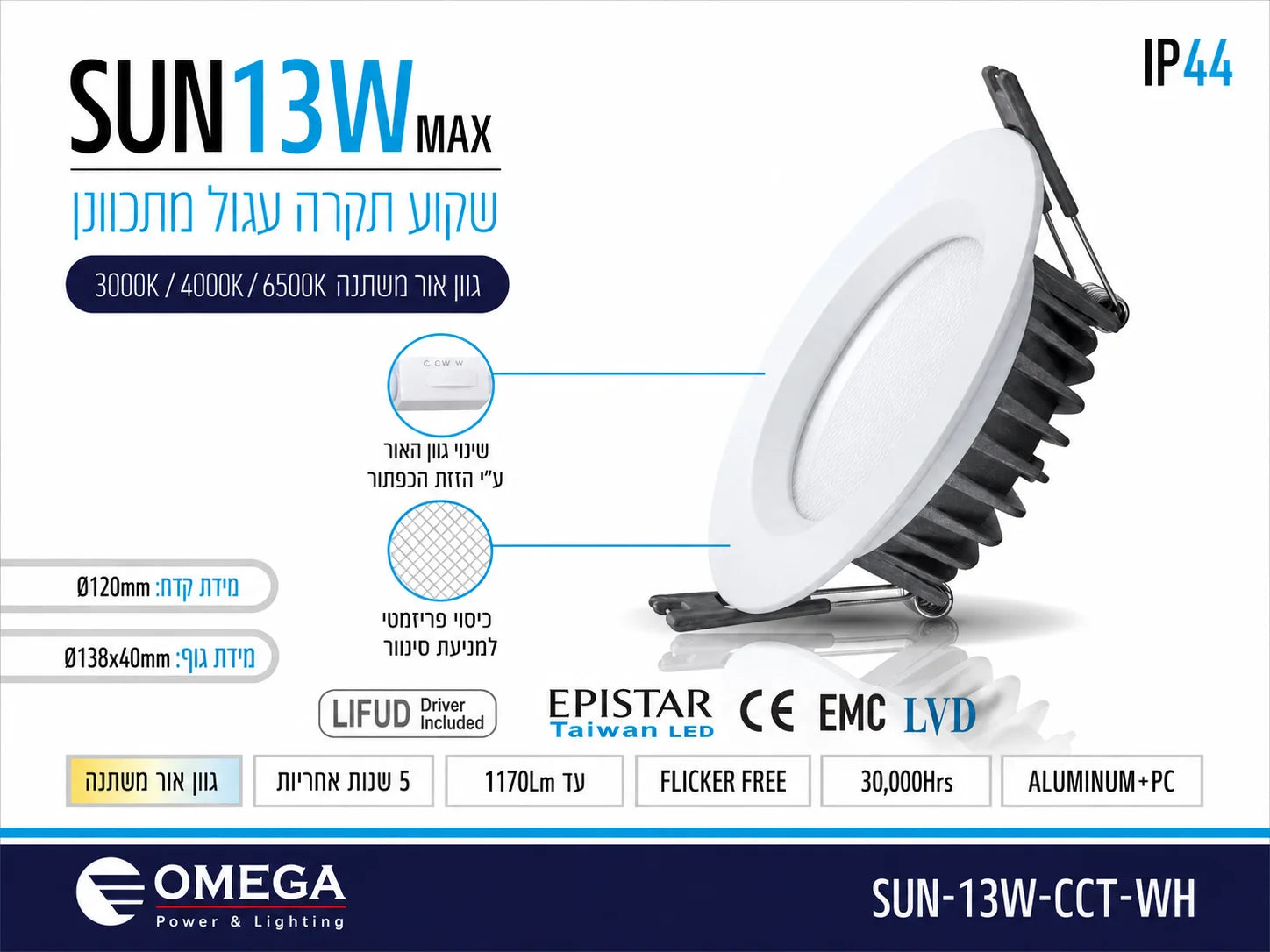 כרטיס מוצר לשקוע תקרה לבן OMEGA SUN 13W עם בחירת גוון אור