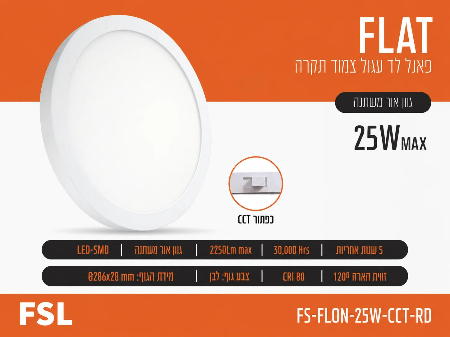 כרטיס מוצר לפאנל FLAT 25W עגול עם תמונת הגוף ופרטי התאורה