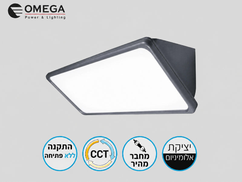 מבט מוצר נקי על גוף תאורה TREO עם אייקוני תכונות עיקריות לשימוש חוץ