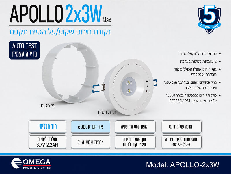 תמונת מפרט לתאורת חירום APOLLO עגולה לבנה