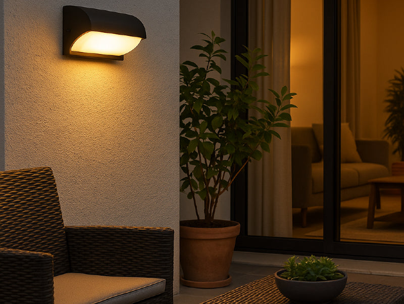 מנורת קיר חוץ NOY C על קיר בחצר