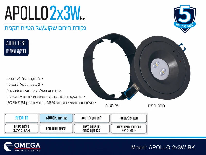 תמונת מפרט לתאורת חירום עגולה שחורה