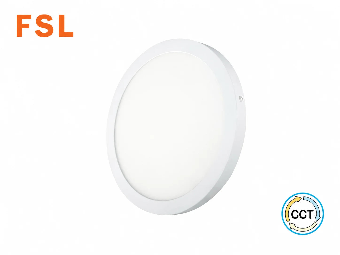 גוף תאורה עגול לבן של FSL במבט חזיתי על רקע בהיר