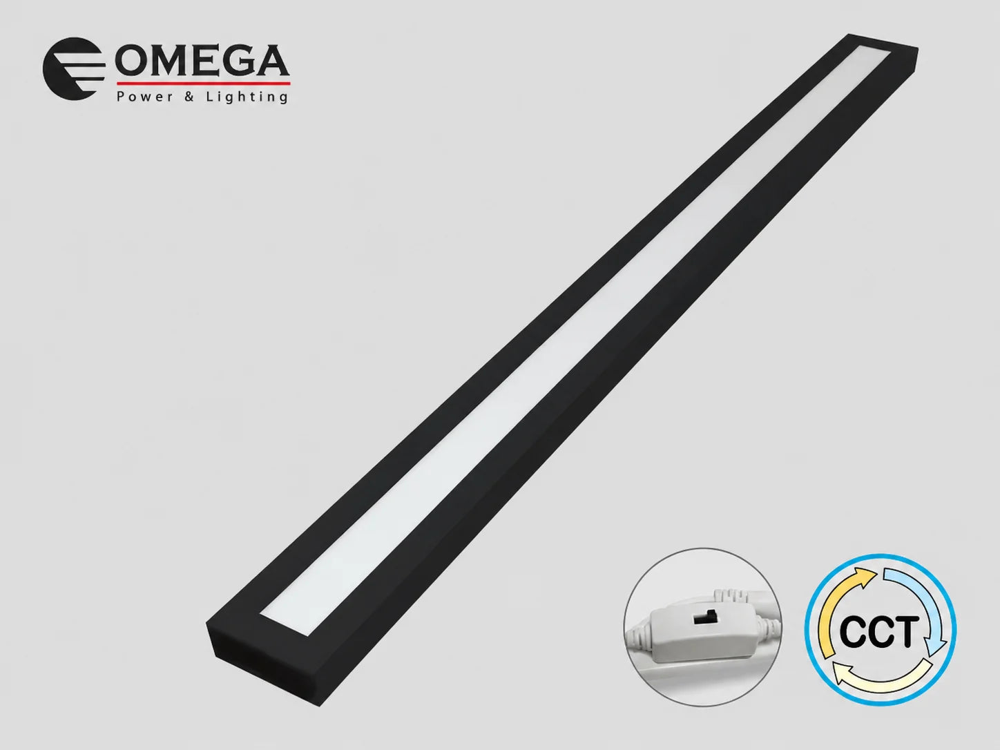 גוף תאורה ליניארי שחור של OMEGA בעיצוב צר וארוך עם דיפיוזר לבן