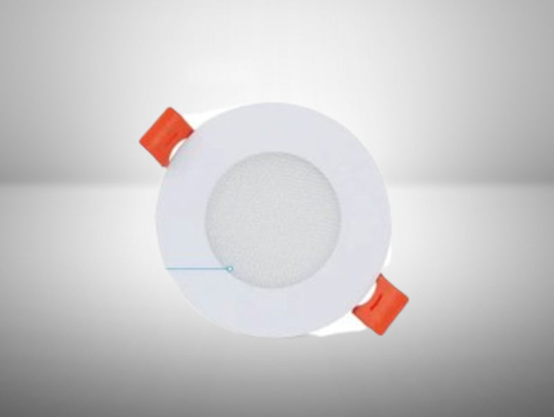 פאנל LED שקוע עגול לבן עם קפיצי התקנה כתומים ומסגרת רחבה