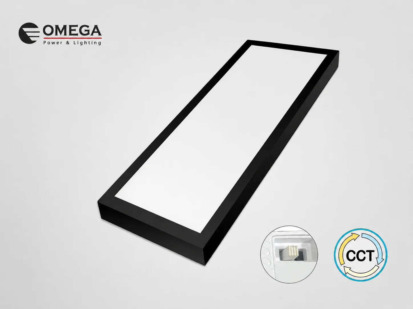 מנורת תקרה מוארכת של OMEGA בגימור שחור עם סמלי מאפייני המוצר