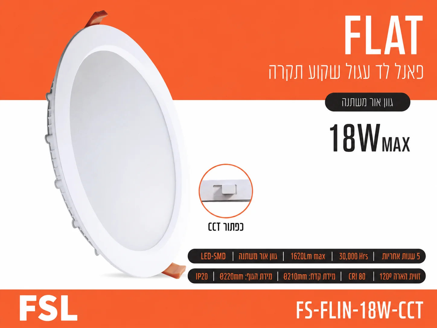 כרטיס מוצר לפאנל LED שקוע עגול FLAT 18W של FSL עם תמונת הגוף ונתוני המוצר